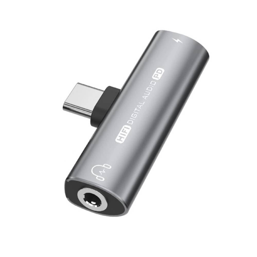 USB-C til 3,5 mm adapter for hodetelefoner og lader Grey