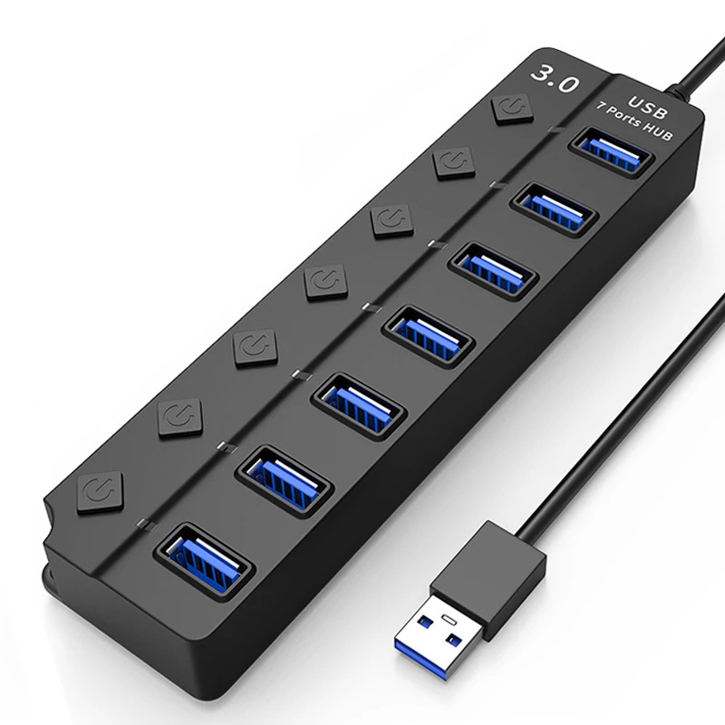 Hub med 7 USB 3.0-utganger, 5 Gbps og individuelle av/på-knapper