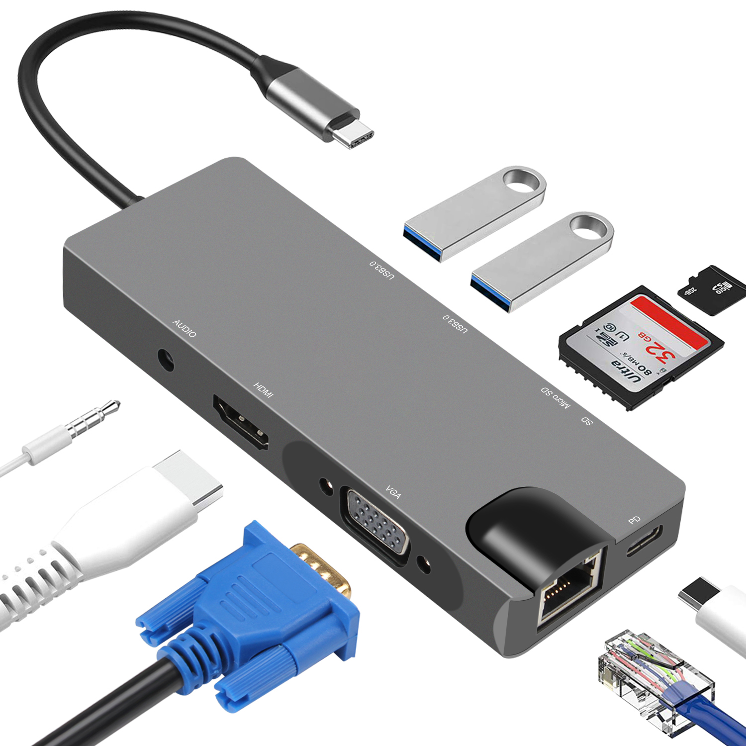 9-i-1 USB-C Hub med USB 3.0, HDMI, RJ45, SD/TF-kortläsare, 100W PD, VGA