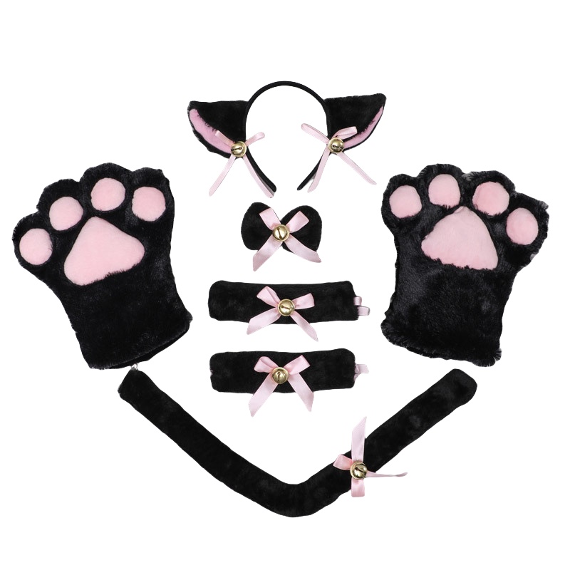 Søte fingerløse hansker og pannebåndsett med kattepote Black