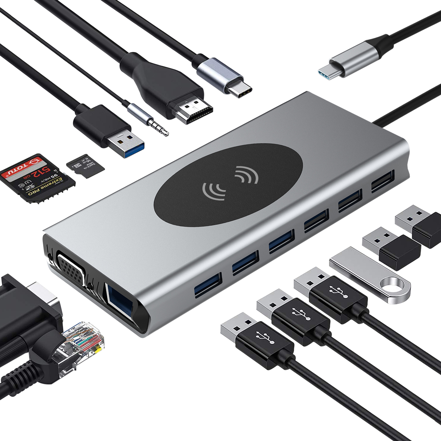 15-i-1 Typ-C-hubb Multiport-adapter med HDMI, VGA, Ethernet, USB C PD