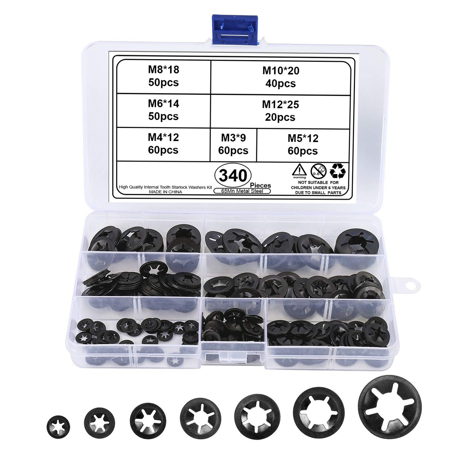 Innvendige tannlåseskiver - 340 stk assortert sett