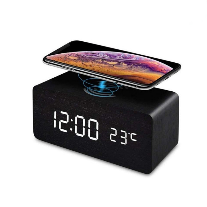 Vekkerklokke med trådløs lading, sort