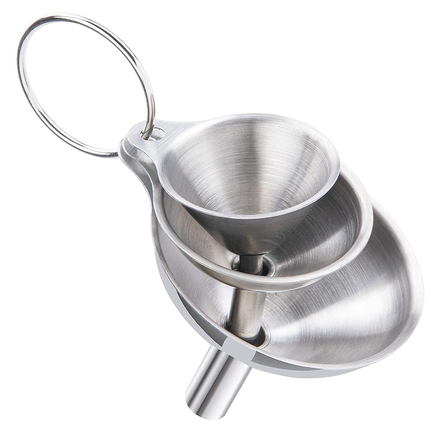 Tre trakter i rustfritt stål