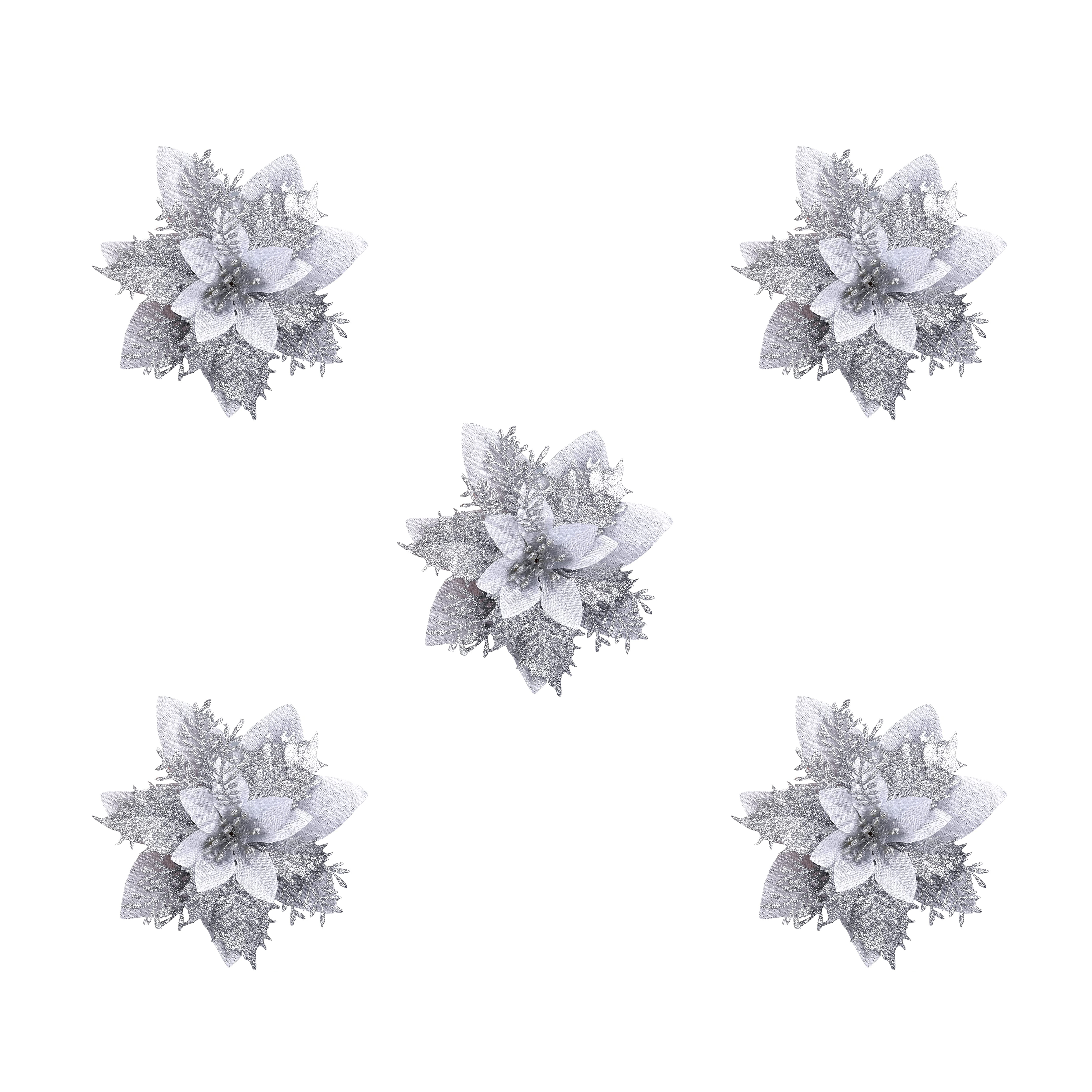 Konstgjorda julblommor silver 5-pack juldekoration