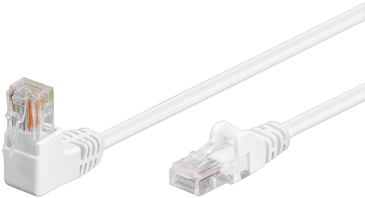 Patchkabel CAT 5e, 1x 90° vinklad, U/UTP, vit, 1 m