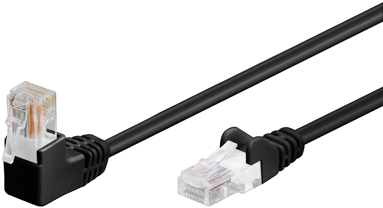 Patchkabel CAT 5e, 1x 90° vinklad, U/UTP, svart, 10 m